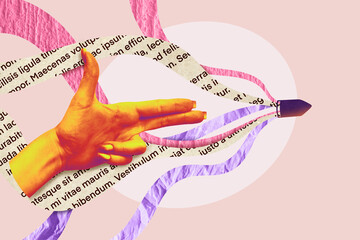 collage picture which depicts a hand in the shape of a gun. a bullet flies out of the fingers