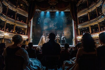 The stage is alive with actors in period costumes captivating an engaged audience during a live theatrical performance. Generative AI