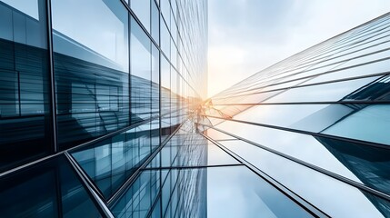 Obraz premium Skyscraper reflecting sunset background. 3d abstract architecture design of modern contemporary luxury building converging glass and steel. Perspective view landscape. Hi-tech sustainable architect
