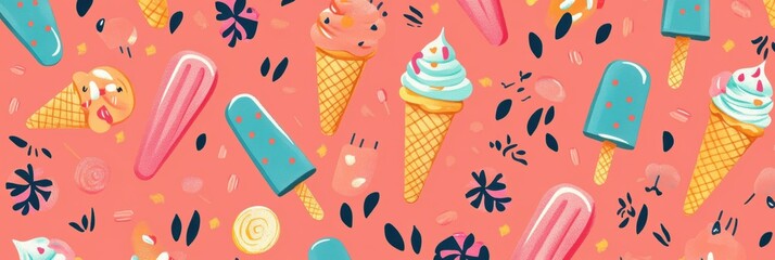 Colorful summer ice cream cone and popsicle pattern, playful design, vibrant hues, perfect for seasonal themes and cheerful decor
