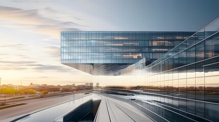 Fototapeta premium Skyscraper reflecting sunset background. 3d abstract architecture design of modern contemporary luxury building converging glass and steel. Perspective view landscape. Hi-tech sustainable architect