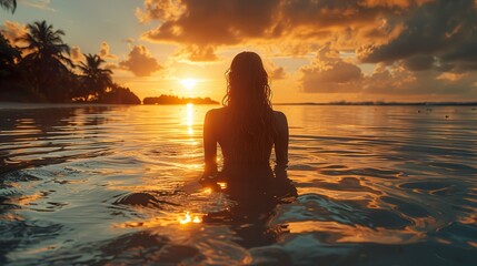 Fototapeta premium Woman Silhouetted Against a Sunset Over Tropical Beach