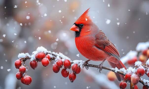 Real Photograph of a Red Cardinal Bird Perched on a Snowy Branch in Winter

