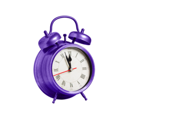 retro clock, pointer clock, purple color alarm clock on isolated white background close up