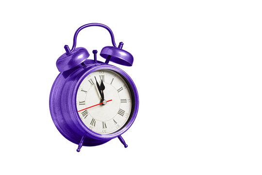 retro clock, pointer clock, purple color alarm clock on isolated white background close up