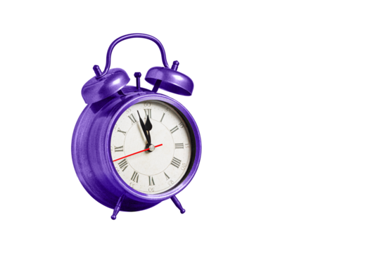 retro clock, pointer clock, purple color alarm clock on isolated white background close up