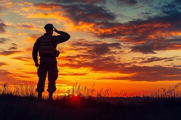 US Army soldier saluting with flag against sunrise background, perfect for Veterans Day, Memorial Day and Independence Day cards. Celebrate American traditions and honor military service