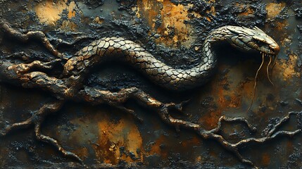 A metal snake sculpture with a scaly texture and a forked tongue, set against a backdrop of oxidized and rusted metal.