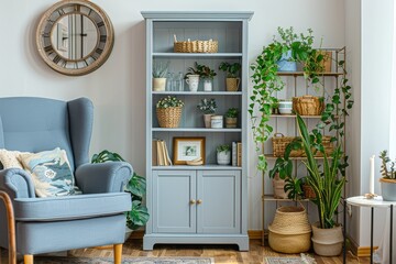 Tall, narrow light grey bookcase with oak finish, blue armchair, and cozy pastel-decorated room with plants, accessories, and large mirror.