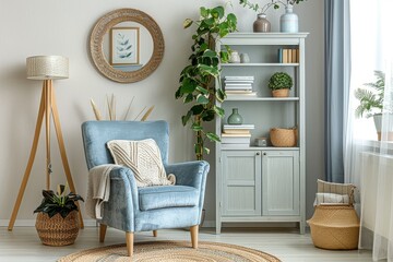 Obraz premium Tall, narrow light grey bookcase with oak finish, blue armchair, and cozy pastel-decorated room with plants, accessories, and large mirror.