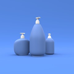 Elegant cosmetic bottles on blue background. Modern cover design. 3d illustration.