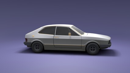 Cool looking old fashion car, side view studio render on purple background. Modern car design. 3d illustration.