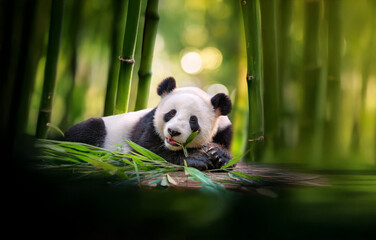 A giant panda lies in a bed of bamboo, chewing on a stalk of the leafy plant.