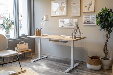 Fototapeta premium White metal frame desk with light wood top against the wall in an office room near a window, featuring pictures on the desk and a chair beside it.