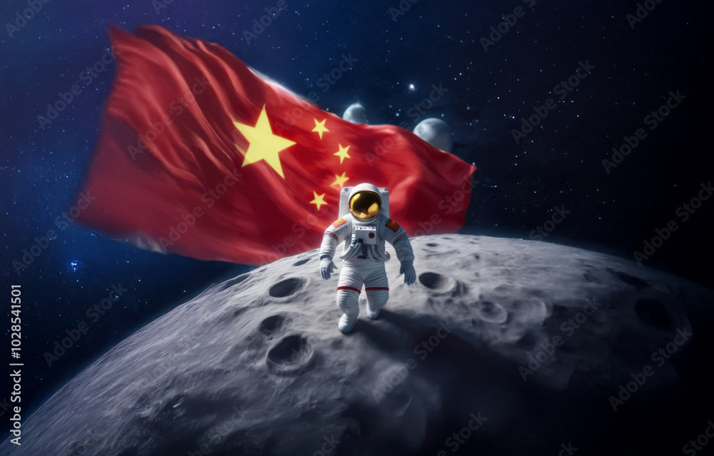 Aufkleber An astronaut walks on the surface of the moon while a flag waves in the background.