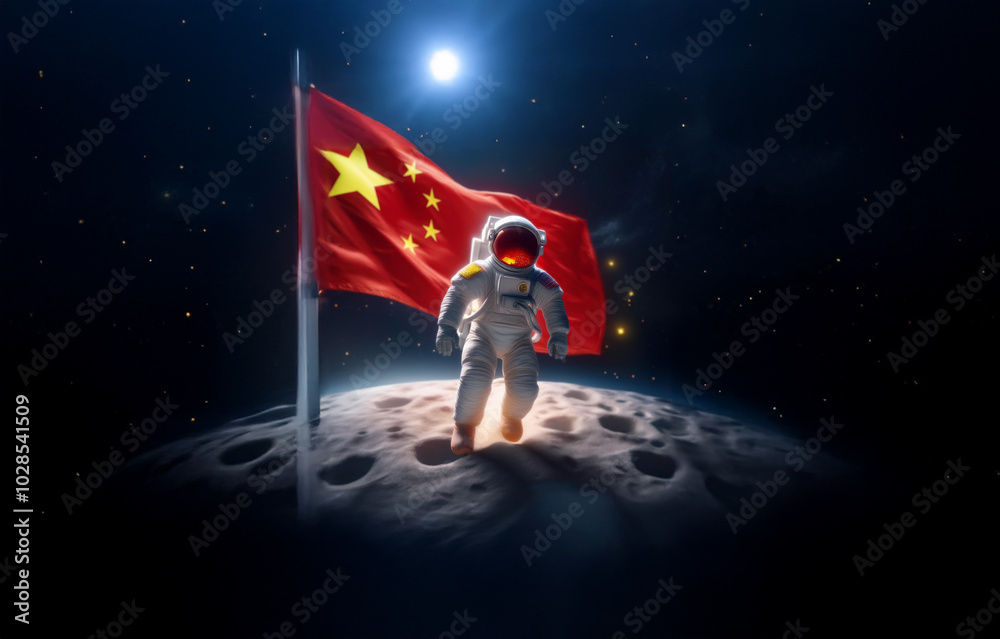 Poster An astronaut walks on a lunar surface with a red flag waving in the background.