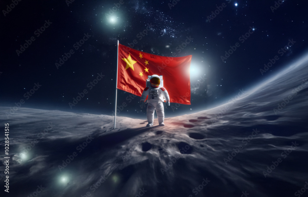 Poster an astronaut stands on a lunar surface with a red flag with yellow stars behind them.