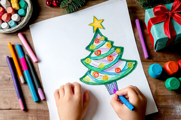 children's hands drawing a christmas tree on a white sheet of paper.