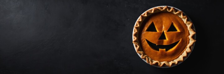 Top view of a Halloween pumpkin pie with a carved jack-o'-lantern face