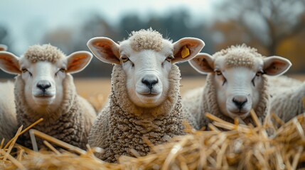 Obraz premium A Captivating Scene of Three Sheep Engaging in Playful Interaction Amidst Golden Straw