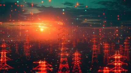 Naklejka premium Energized Horizon: A Stunning Journey Through Sunset Over Electric Grid and AI Innovations Ahead