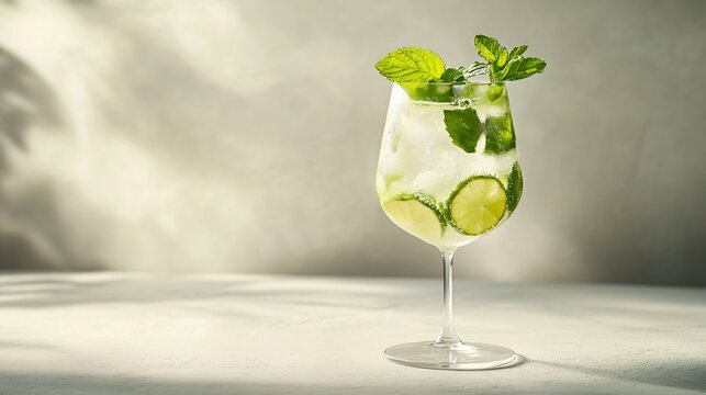A Hugo Spritz with condensation on the glass, mint leaves and lime slices floating, isolated on a light gray background with delicate botanical accents
