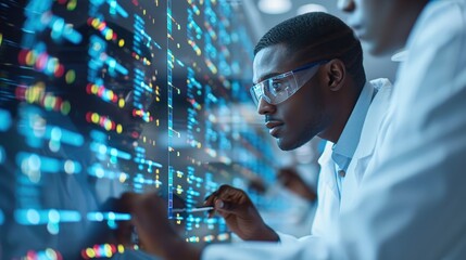 Dedicated bioinformaticians analyze complex data visualizations in vibrant lab environment.