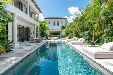 Fototapeta premium Beautiful Miami home with outdoor swimming pool, white furniture, and tropical plants in a luxury modern garden, perfect for summer relaxation or events.