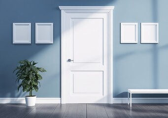 White door and frames on blue wall, potted plant, bench, wooden floor.
