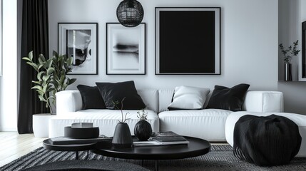 Modern Living Room Interior with Black and White Decor
