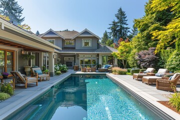 Fototapeta premium Beautiful luxury home with pool and outdoor seating in a serene Pacific Northwest backyard, perfect for relaxation on a sunny day.