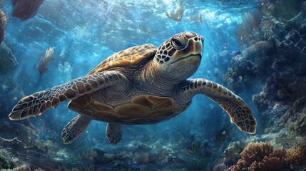 Fototapeta premium Sea Turtle Swimming Through Coral Reef with Sun Rays