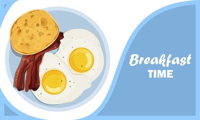 Eggs and bacon web banner. Vector illustration of a delicious breakfast. Plate with fried eggs, bacon and bread. Healthy nutrition. Morning meal.