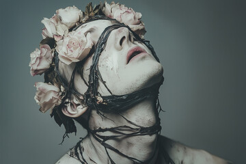 people of ai // dark surrealism pale man wrapped in plant wire with flowers on the head, thorny vines, pastel and pink roses, gray background, photorealistic
