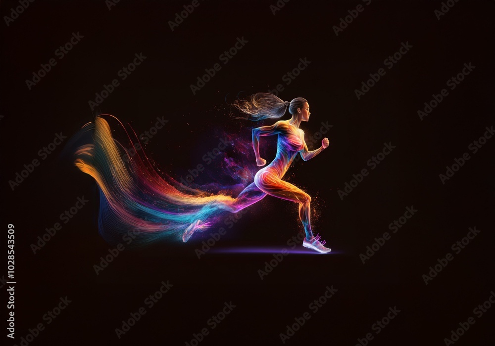 Poster a female figure with glowing lines and streaks of color runs through a dark space.