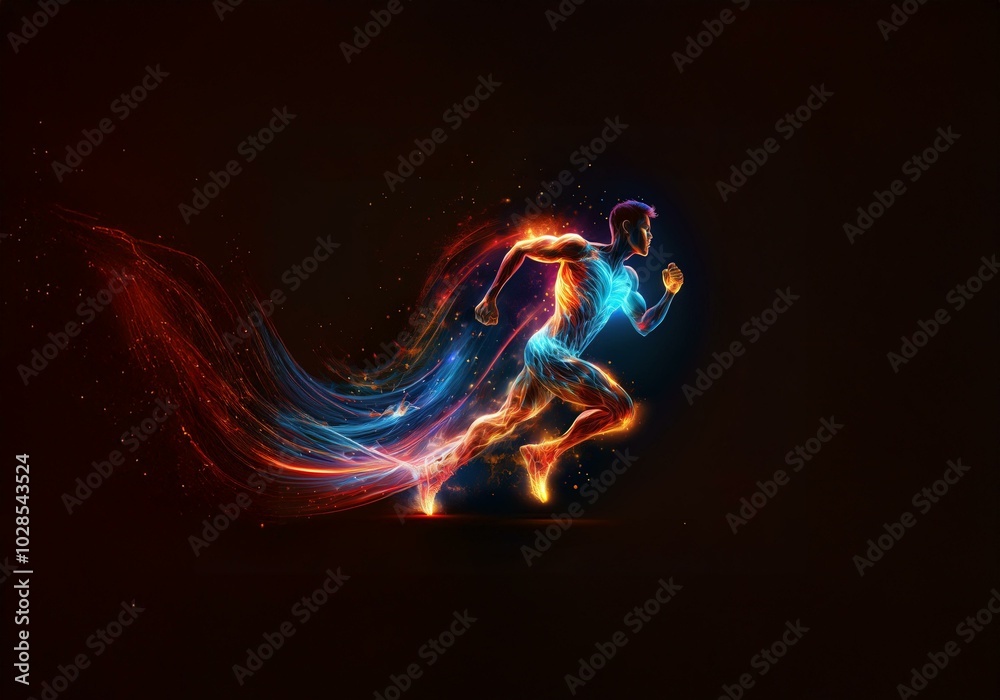 Poster abstract silhouette of a runner with glowing red and blue streaks of light, a concept of speed and m