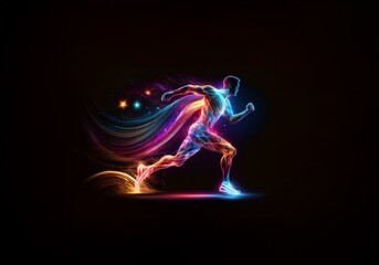 A glowing, abstract figure of a runner on a dark background with streaks of light.