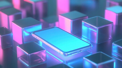 Obraz premium Modern smartphone with blank screen on a black background with glowing neon cubes.