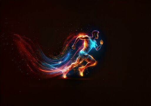 Abstract silhouette of a runner with glowing red and blue streaks of light, a concept of speed and motion