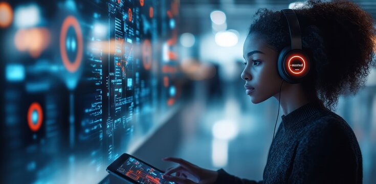 Woman with Headphones Focused on a Digital Screen