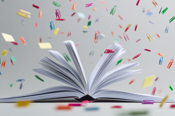 Open Book with Colorful Paper Clips Floating Around