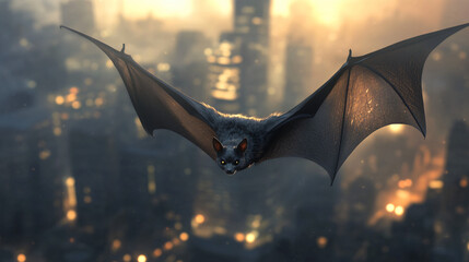 A bat circling over a cityscape lit by streetlights.
