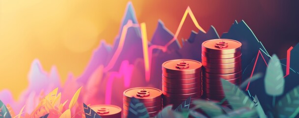 An illustrative concept representing financial growth and investing, featuring upward stock market trends and symbols of economic success