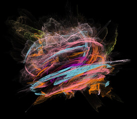 Colorful 3D particle burst on black background