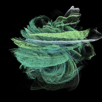 Explosive 3D particle burst in green and black hues