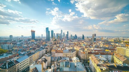 Aerial view of a sprawling urban skyline with modern skyscrapers and cloudy skies, showcasing the architectural blend of the cityscape.