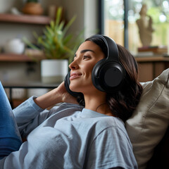 Cozy Home Lifestyle Moment: Person Relishing Favorite Tunes with Comfortable Over-Ear Headphones. A Serene Audio Experience in Domestic Bliss.
