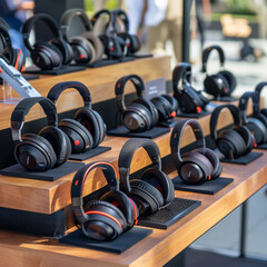 Attractive Promotional Table Displaying an Assortment of Feature-Rich Headphones, Neatly Arranged for an Exciting Product Launch Event. A Showcase of Audio Innovation.