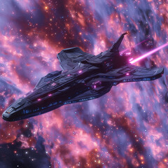 Sleek Futuristic Spaceship Gliding Through Luminous Nebula, Amidst Twinkling Stars, Displaying Advanced Technology and the Spirit of Exploration. A Glimpse into the Future of Space Travel.