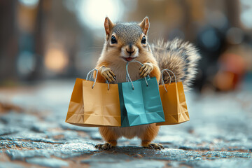 A squirrel balancing multiple shopping bags while on a phone call shows the chaos of consumer life. Concept of animals in human roles.